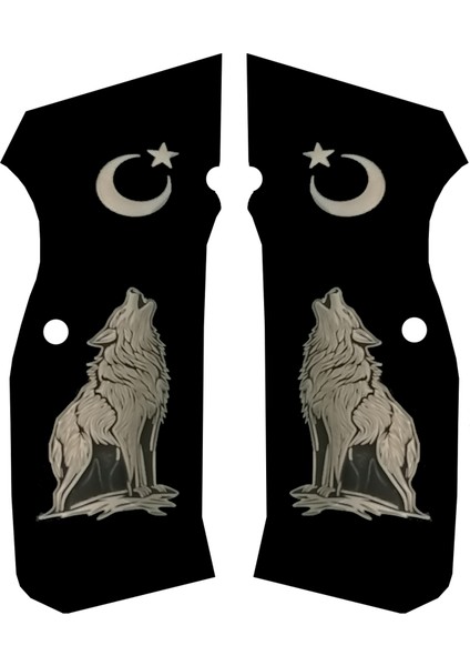 Kurt ve Ayyıldız Beyaz Metal Armalı Siyah Pleksi Tabanca Kabzesi