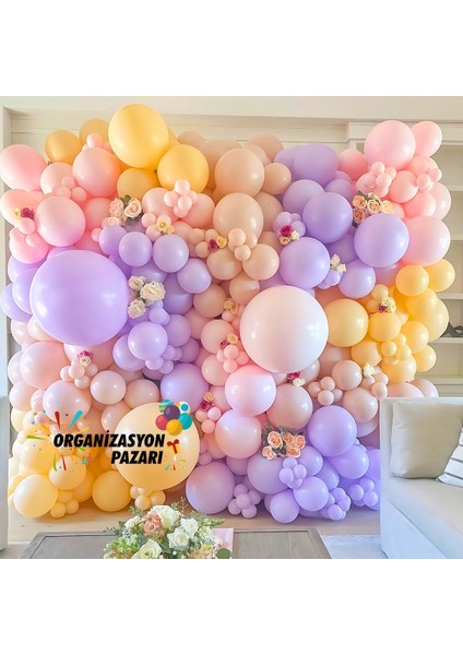 Balon Seti Makaron Sarı-Makaron Pembe-Makaron Lila-Makaron Somon 100 Lü Balon Zinciri Seti