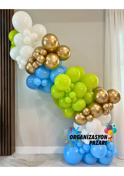 Balon Seti Beyaz-Krom Gold-Açık Mavi-Açık Yeşil 100 Lü Balon Zinciri Seti