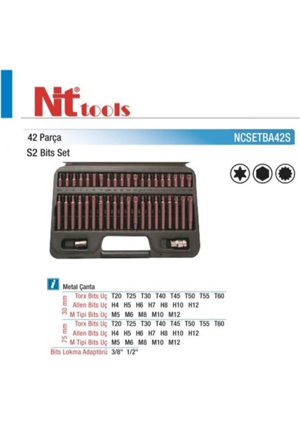 42 Parça Torx Allen ve M Tipi Bits Seti S2 Çeliği NCSETBA42S