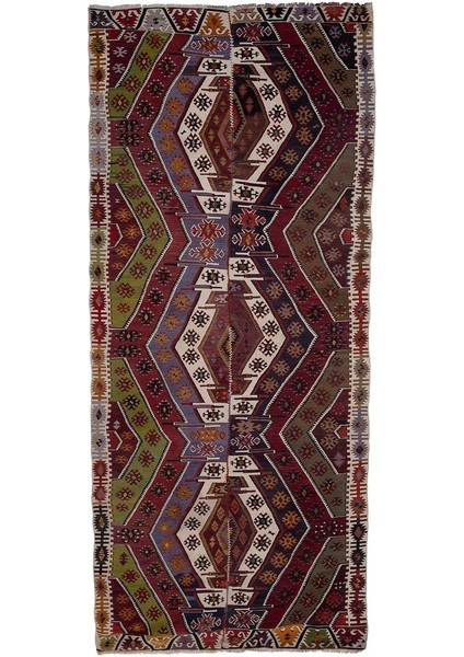 El Dokuma Kayseri Yöresi Geometrik Desenli Uzun Yolluk Kilim 173 x 403 cm