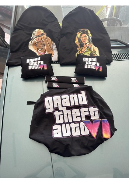 Gta Baskılı Oto Servis Kılıfı, Kemer Pedi, Yastık Takımı Siyah Grand Theft Auto