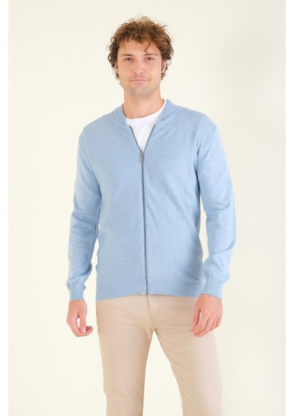 Erkek Hakim Yaka Petek Örgü Fermuarlı Hırka Mavi