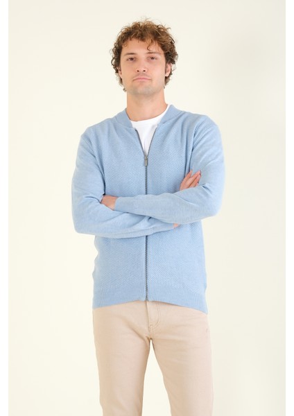 Erkek Hakim Yaka Petek Örgü Fermuarlı Hırka Mavi modelleri