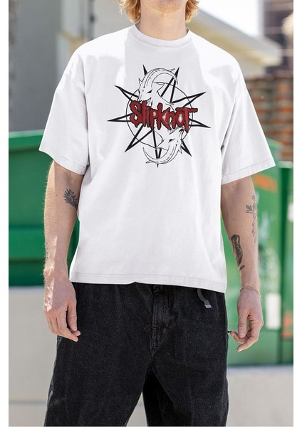 Keçi Slipknot Grubu Baskılı Unisex Tişört, Oversize Rock Metal Müzik Tişört
