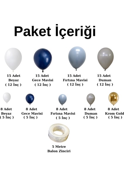 Balon Seti Beyaz-Gecemavisi-Fırtınamavisi-Dumangri-Krom Gold 60 Lı Balon Zinciri Seti fiyatları