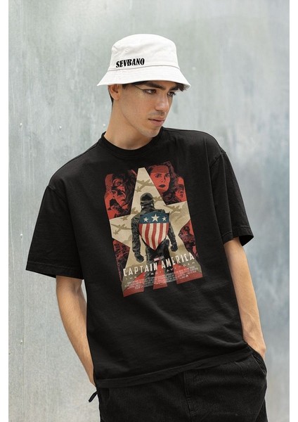 Captain America Film Afişi Baskılı Unisex Oversize Marvel Tişört