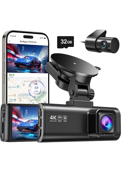 Dash Cam Ön Arka 4k/2.5k Full Hd, 32GB Kart Dahil, Wi-Fi, Gps, Gece Görüşü, 170° Geniş Açı