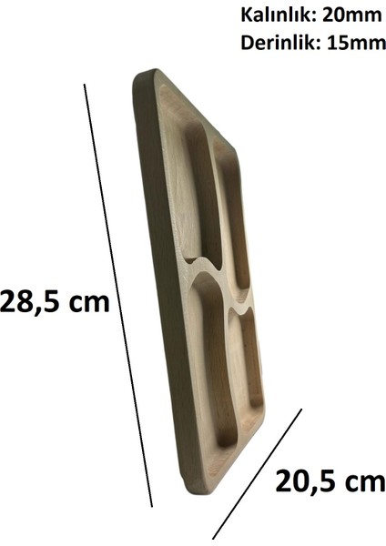 %100 Doğal Gürgen Ağacı 4 Bölmeli Kahvaltı Tabağı - 20,5 x 28,5 Cm, Şık ve Fonksiyonel Sunum Aksesuarı