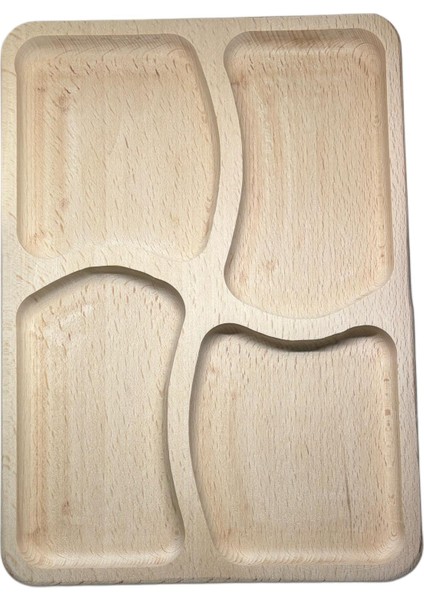 %100 Doğal Gürgen Ağacı 4 Bölmeli Kahvaltı Tabağı - 20,5 x 28,5 Cm, Şık ve Fonksiyonel Sunum Aksesuarı
