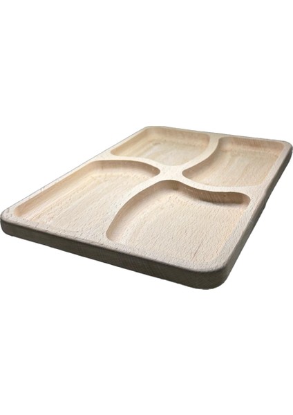 %100 Doğal Gürgen Ağacı 4 Bölmeli Kahvaltı Tabağı - 20,5 x 28,5 Cm, Şık ve Fonksiyonel Sunum Aksesuarı