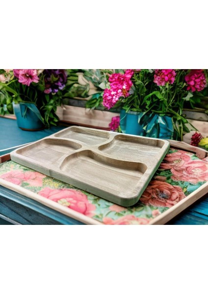 %100 Doğal Gürgen Ağacı 4 Bölmeli Kahvaltı Tabağı - 20,5 x 28,5 Cm, Şık ve Fonksiyonel Sunum Aksesuarı