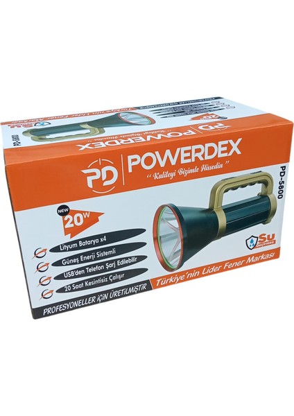 Powerdex PD-5800 Güneş Enerjili Şarjlı El Feneri 20 Watt 20 Saat Kesintisiz Çalışma