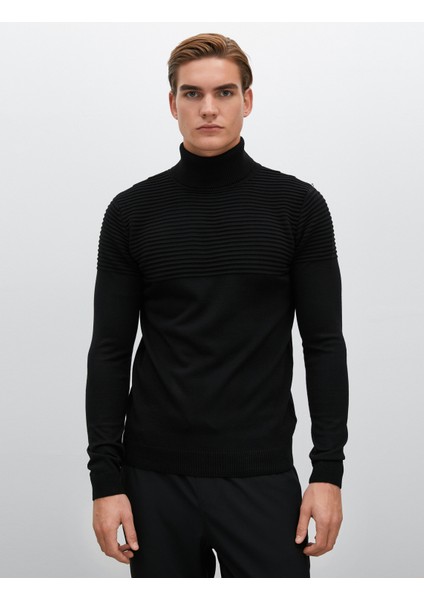 Balıkçı Yaka Kazak Slim Fit Dokulu Uzun Kollu