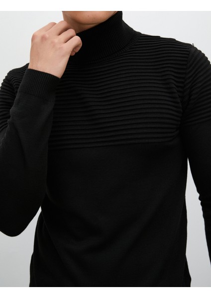 Balıkçı Yaka Kazak Slim Fit Dokulu Uzun Kollu