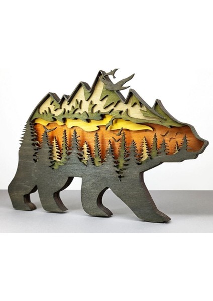 Ahşap Mdf Çok Katmanlı Orman Manzaralı Ayı Dekoratif Obje