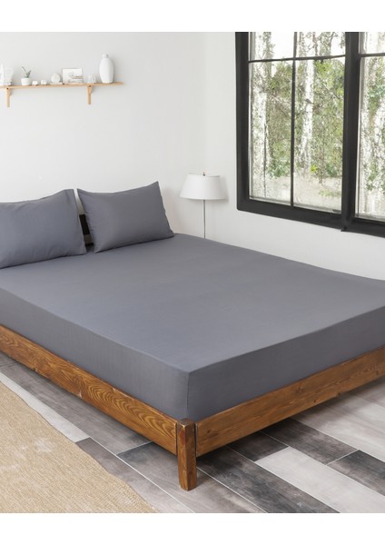 Antrasit 180x200 Çift Kişilik Lastikli Çarşaf Takımı Fitted Pamuklu Dokuma Kumaş Yastık Kılıflı