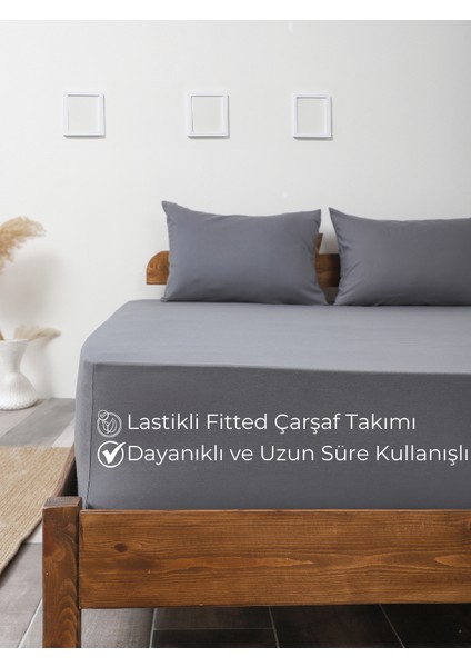 Rozet Tekstil Antrasit Lastikli Çarşaf Takımı Fitted Pamuklu Dokuma Kumaş Yastık Kılıflı