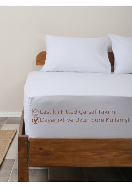 Beyaz Lastikli Çarşaf Takımı Fitted Pamuklu Dokuma Kumaş Yastık Kılıflı
