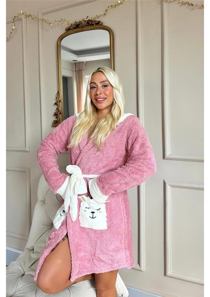 Pembe Kapşonlu ve Cepli Polar Peluş Kadın Sabahlık