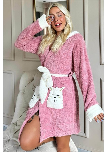 Pijama Evi Pembe Kapşonlu ve Cepli Polar Peluş Kadın Sabahlık