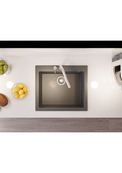 Patara 50X57 Cm Tek Göz Tezgah Üzeri Antrasit Granit Mutfak Eviyesi