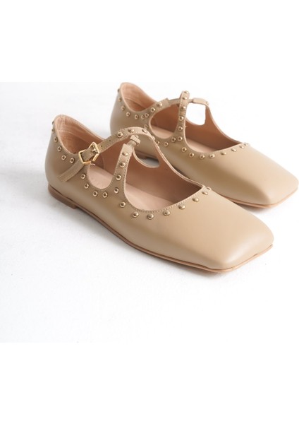 Mubiano Hakiki Deri Collection Kadın Bant Detaylı Zımba Detaylı Babet Nude - MCSR1005 - N