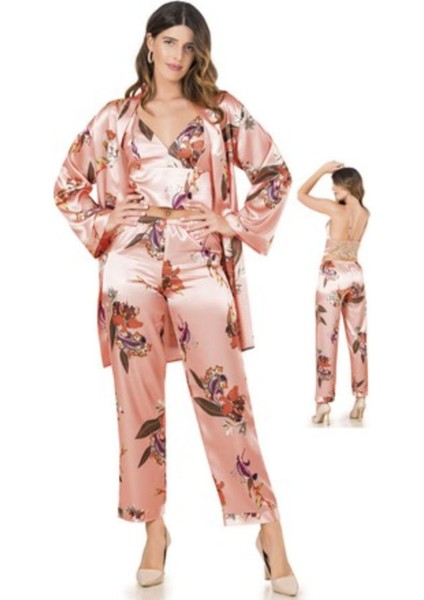 Moongırl Saten Uzun Kollu Üçlü Crop Çiçek Desenli Pijama Takımı .