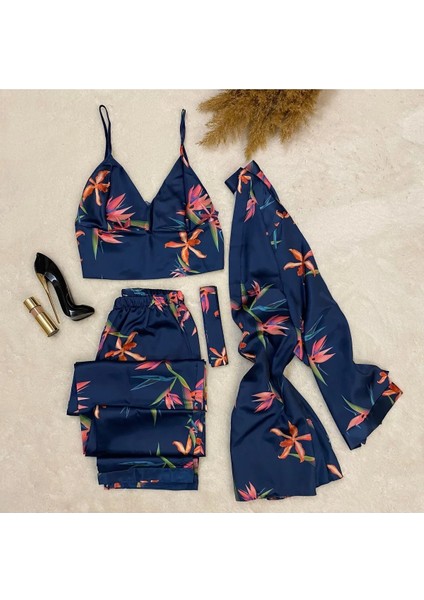 Moongırl Saten Uzun Kollu Üçlü Crop Çiçek Desenli Pijama Takımı .