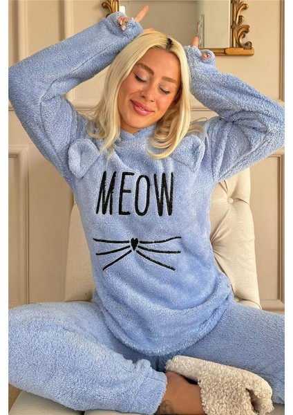 Bebe Mavisi Meow Desenli Tam Peluş Pijama Takımı