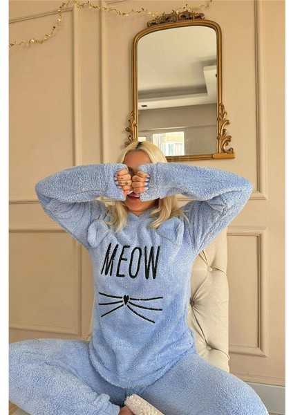 Bebe Mavisi Meow Desenli Tam Peluş Pijama Takımı fırsatları