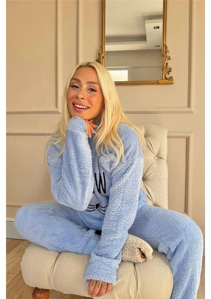 Bebe Mavisi Meow Desenli Tam Peluş Pijama Takımı indirimleri