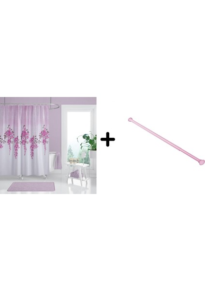 Banyo Duş Perdesi 7359 180X200 Perde Borusu Askı Aparatı Pembe 160X260 Hediyeli