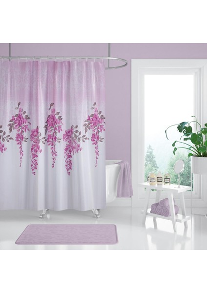 Banyo Duş Perdesi 7359 180X200 Perde Borusu Askı Aparatı Pembe 160X260 Hediyeli