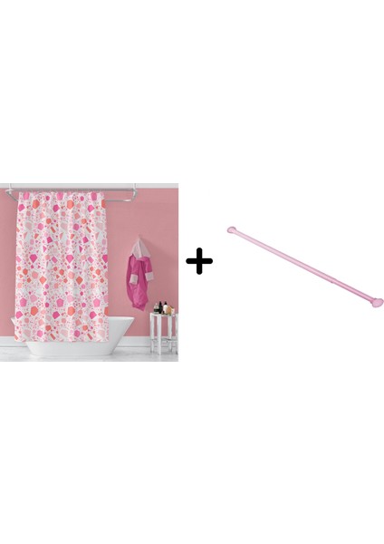 Banyo Duş Perdesi 6811 180X200 Perde Borusu Askı Aparatı Pembe 160X260 Hediyeli
