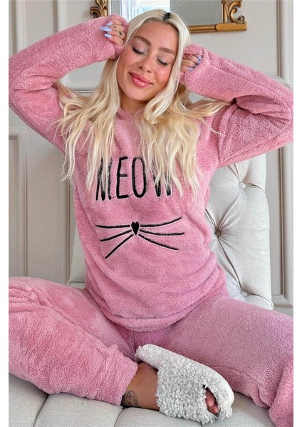 Pembe Meow Desenli Tam Peluş Pijama Takımı