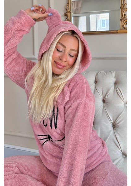 Pembe Meow Desenli Tam Peluş Pijama Takımı