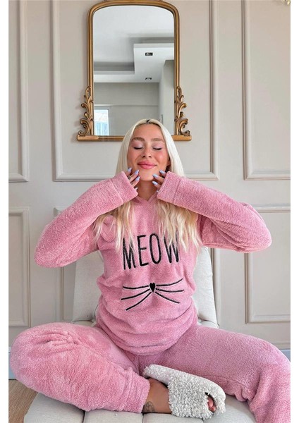 Pembe Meow Desenli Tam Peluş Pijama Takımı