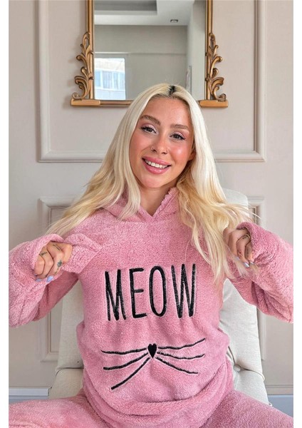 Pembe Meow Desenli Tam Peluş Pijama Takımı