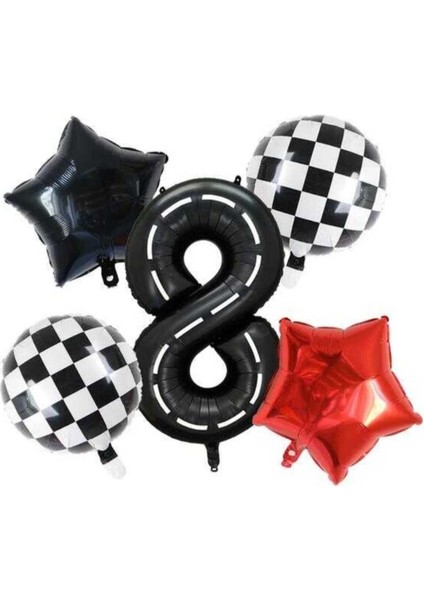 Yarış Temalı 8 Yaş Balon Seti 5'li (2 Adt Yıldız-2 Adt Yuvarlak-1 Adt Rakam) Erkek Çocuk Parti Seti