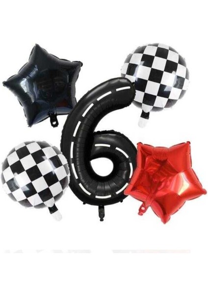 Yarış Temalı 5 Yaş Balon Seti 5'li (2 Adt Yıldız-2 Adt Yuvarlak-1 Adt Rakam) Erkek Çocuk Parti Seti