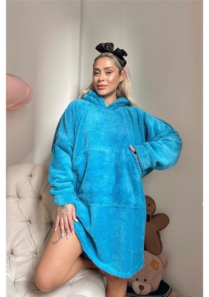 Petrol Mavi Kapşonlu Tam Peluş Oversize Sweat Panço Pijama