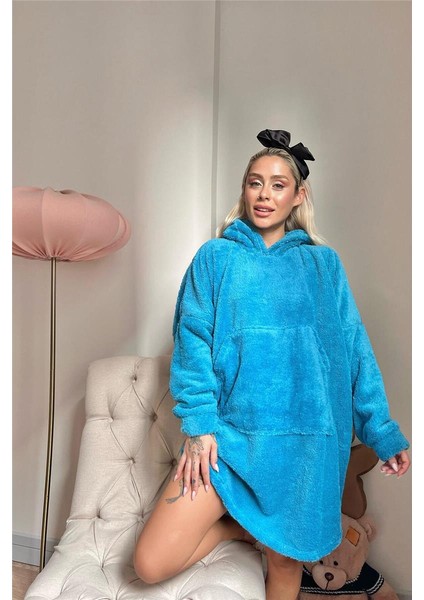 Petrol Mavi Kapşonlu Tam Peluş Oversize Sweat Panço Pijama fırsatları