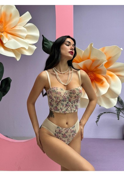 Çiçek Desenli Nude - Ten Rengi Simli Büstiyer Takım fırsatları