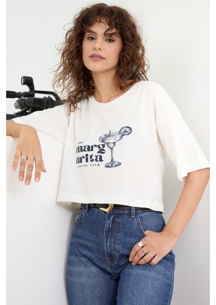 Divine Line Kadın Margarita Baskı Crop Tshirt