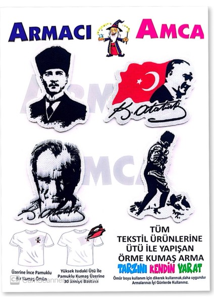 Ütü Ile Yapışan 4 Adet Örme Kumaş Arma Yırtık Kapatıcı Pratik Yama Tekstil Patch Gazi Mustafa Kemal Atatürk