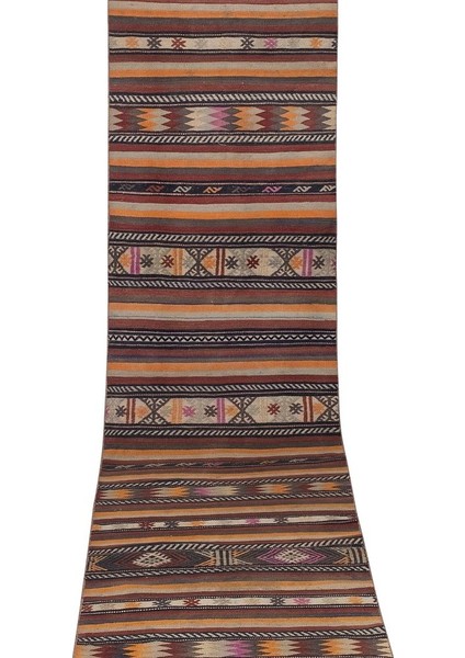 El Dokuma Geometrik Desenli Uzun Yolluk Kilim 80 x 512 cm