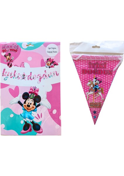 Minnie Mouse Iyi Ki Doğdun Kaligrafi Banner ve Iyi Ki Doğdun Üçgen Flama Seti