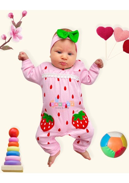 3-9 Ay Çilek Nakışlı Kız Bebek Tulumu Pembe