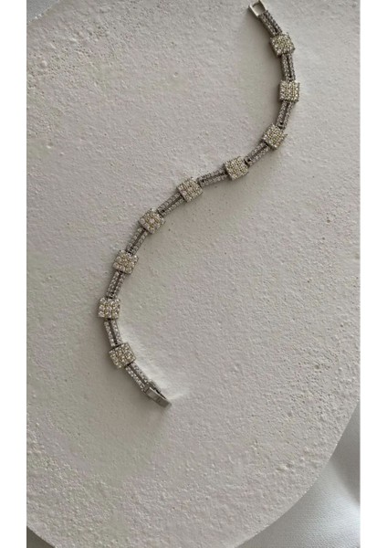 Kare Desenli Parlak Zirkon Taşlı 316L Paslanmaz Çelik Anti Alerjik Bileklik